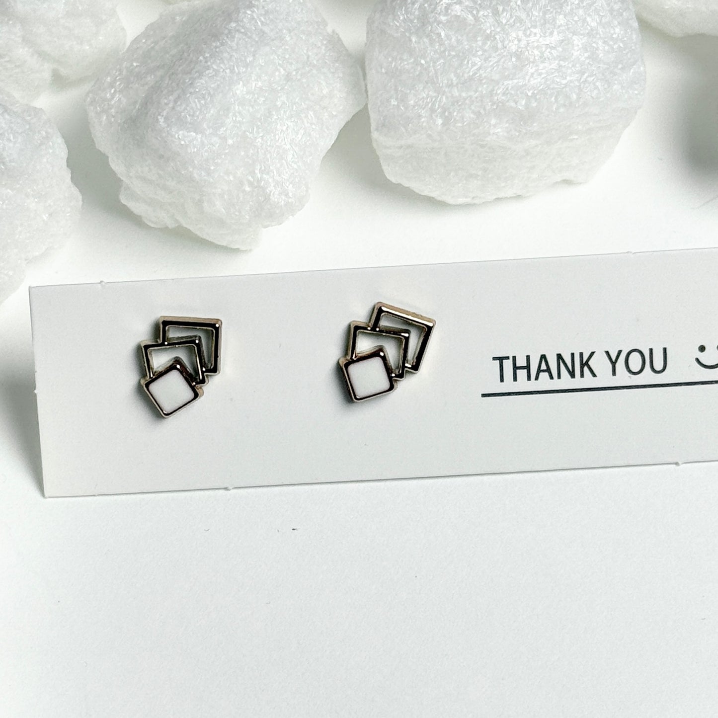 White Enamel Triple Square Silver Frame Stud Earrings F