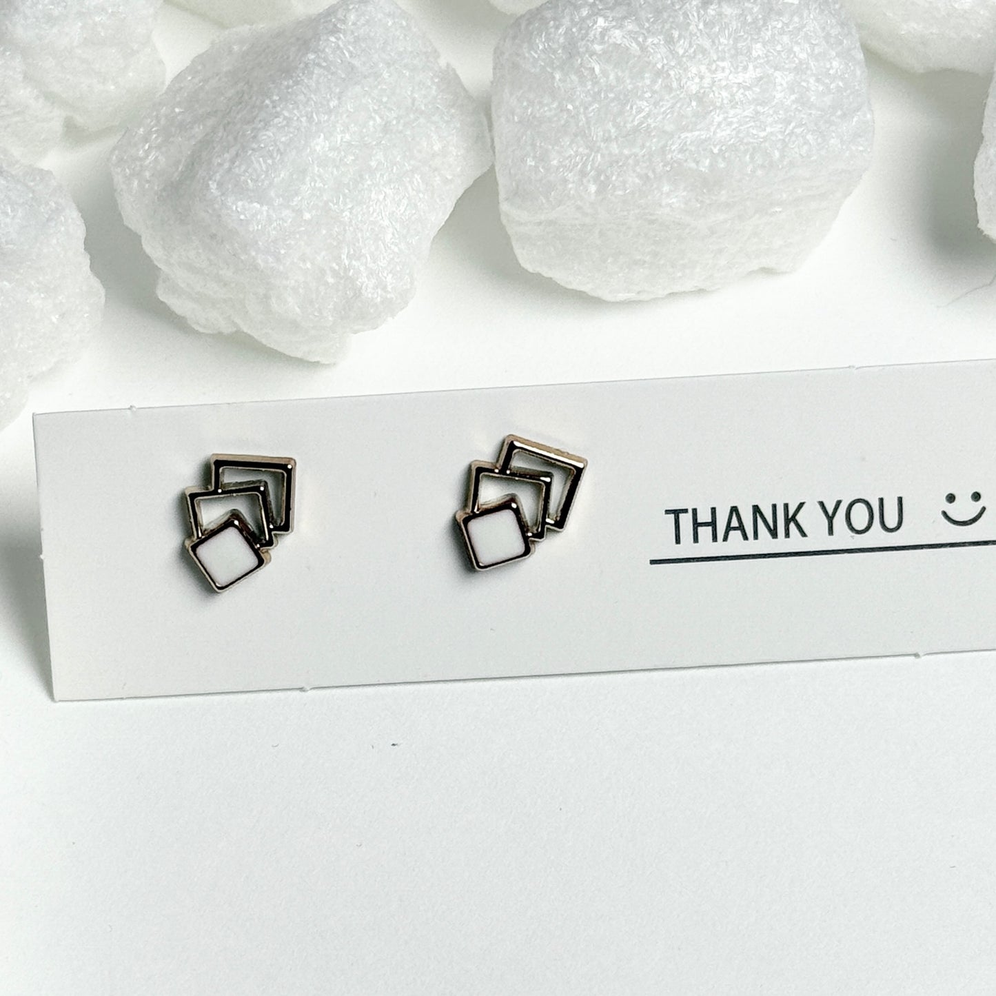White Enamel Triple Square Silver Frame Stud Earrings F