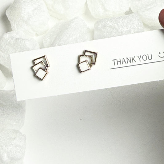 White Enamel Triple Square Silver Frame Stud Earrings F