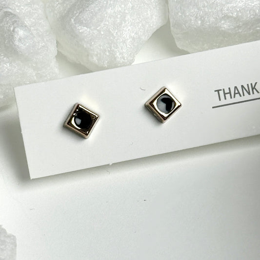 Black Enamel Square Golden Frame Stud Earrings F