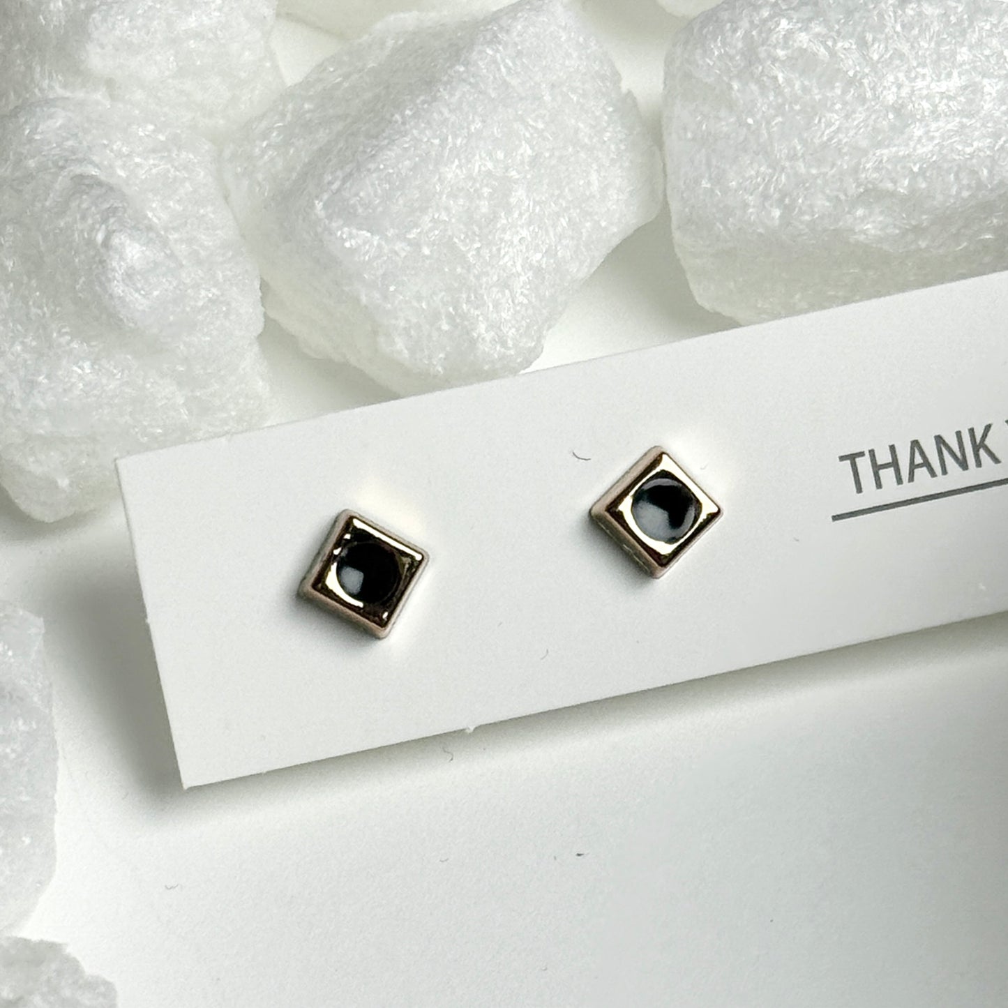 Black Enamel Square Golden Frame Stud Earrings F