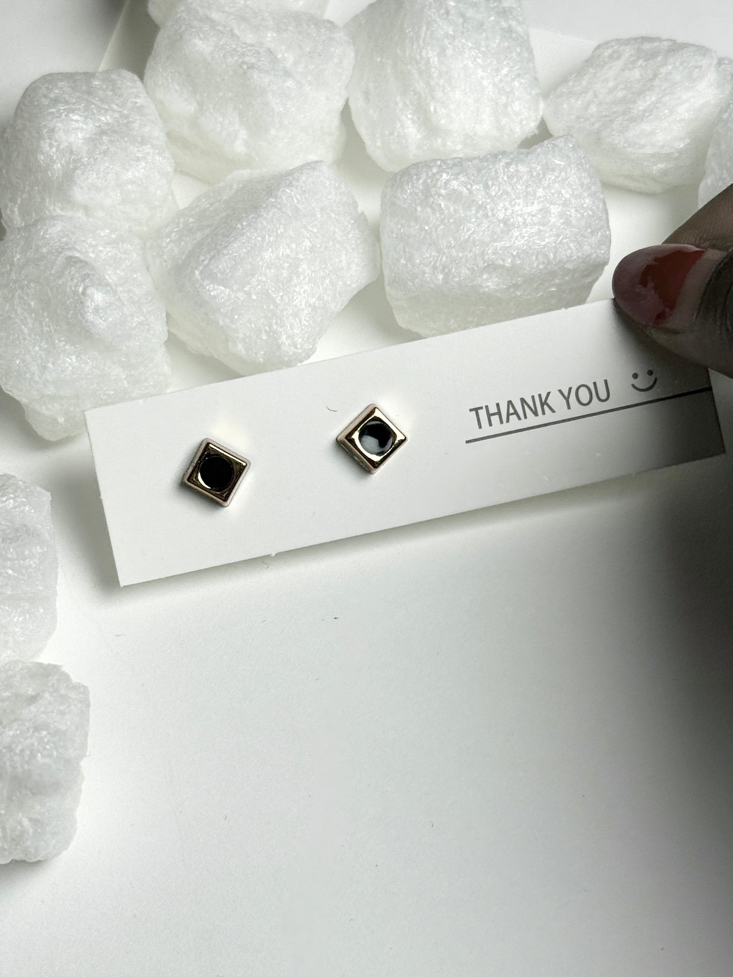 Black Enamel Square Golden Frame Stud Earrings F