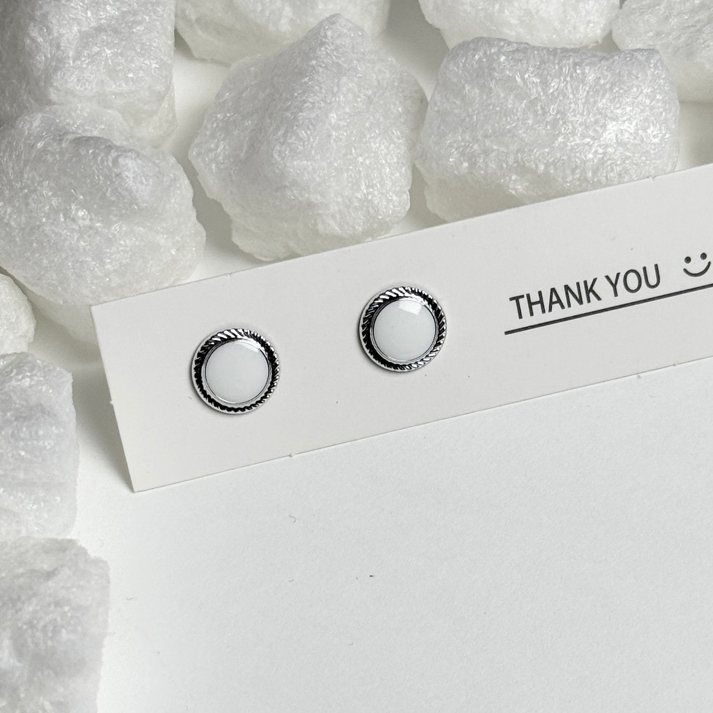 White Enamel Round Rope Border Silver Stud Earrings F