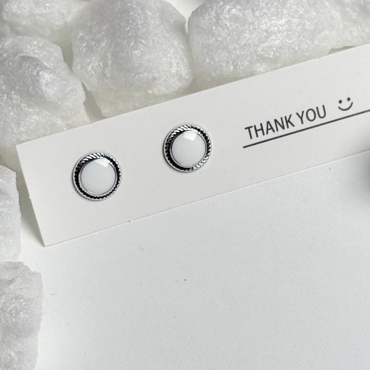 White Enamel Round Rope Border Silver Stud Earrings F