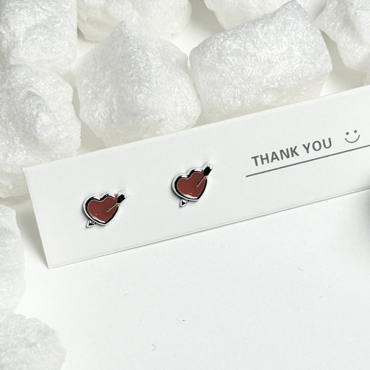 Red Enamel Heart with Arrow Silver Frame Stud Earrings F