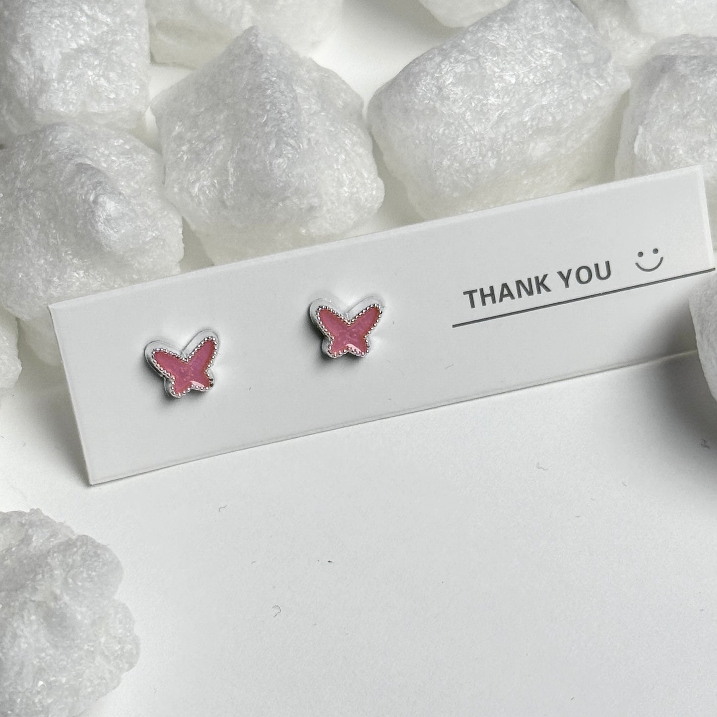 Pink Enamel Butterfly Silver Beaded Frame Stud Earrings F