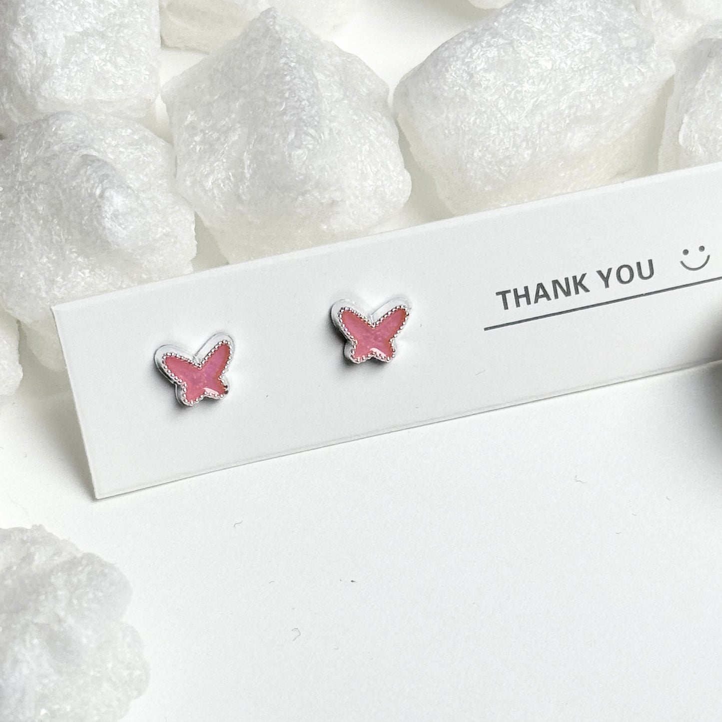 Pink Enamel Butterfly Silver Beaded Frame Stud Earrings F