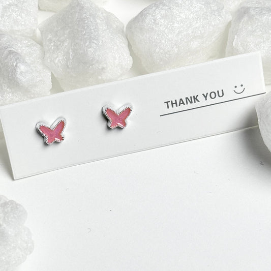 Pink Enamel Butterfly Silver Beaded Frame Stud Earrings F
