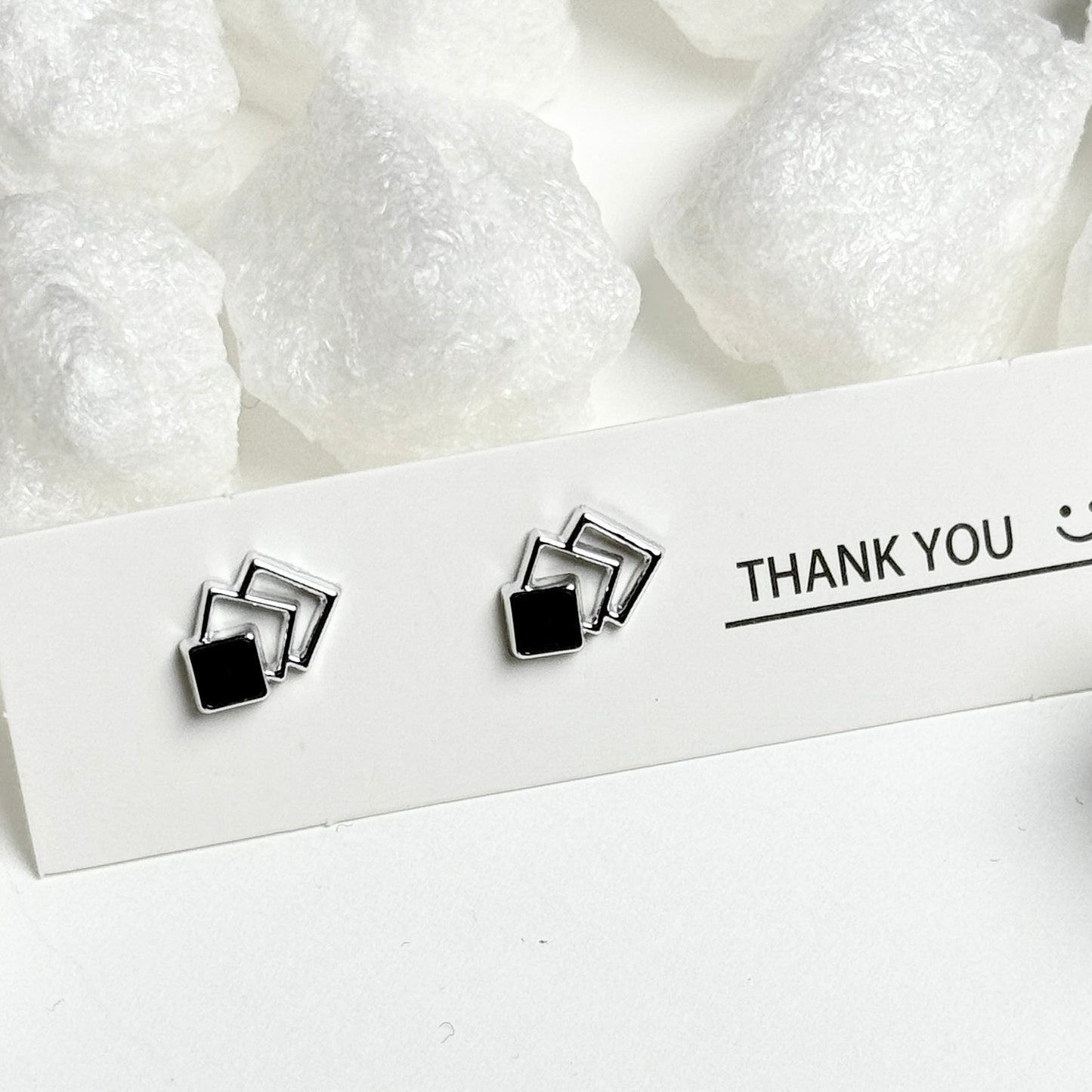 Black Enamel Triple Square Silver Frame Stud Earrings E