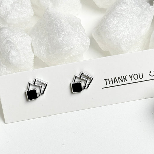 Black Enamel Triple Square Silver Frame Stud Earrings E
