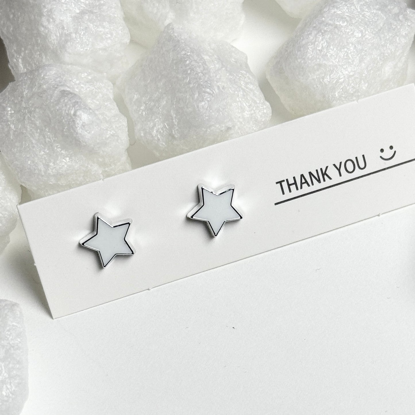 White Enamel Star Silver Frame Round Stud Earrings E