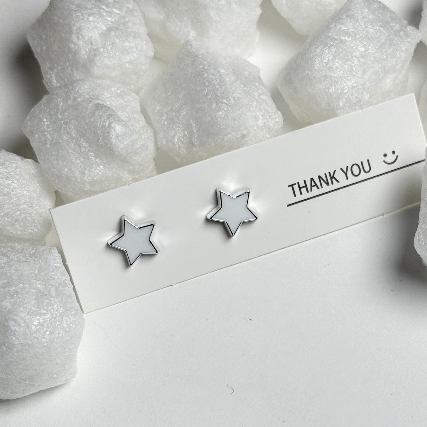 White Enamel Star Silver Frame Round Stud Earrings E