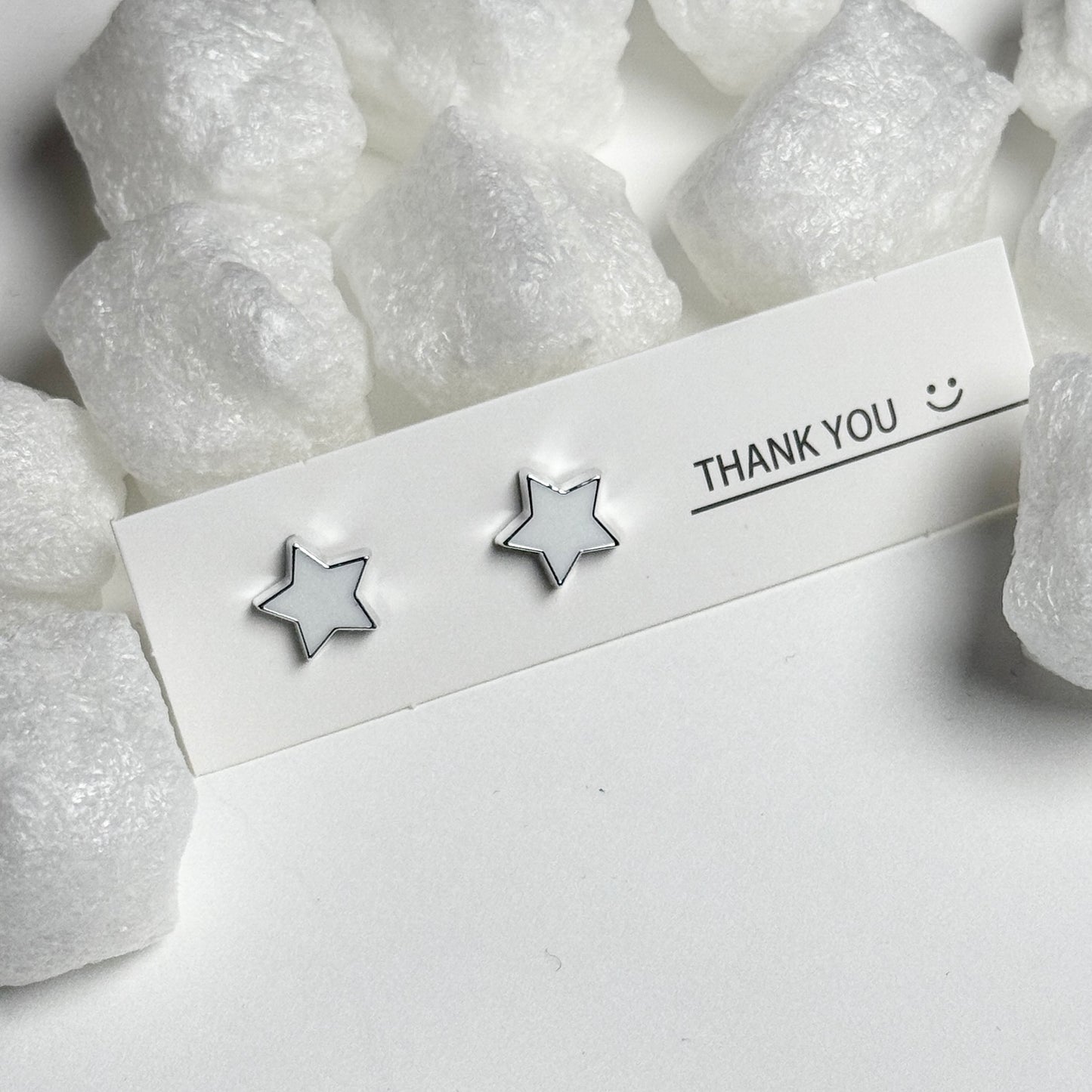 White Enamel Star Silver Frame Round Stud Earrings E