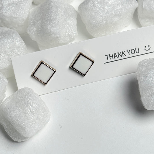 White Enamel Square Rose Gold Frame Stud Earrings E