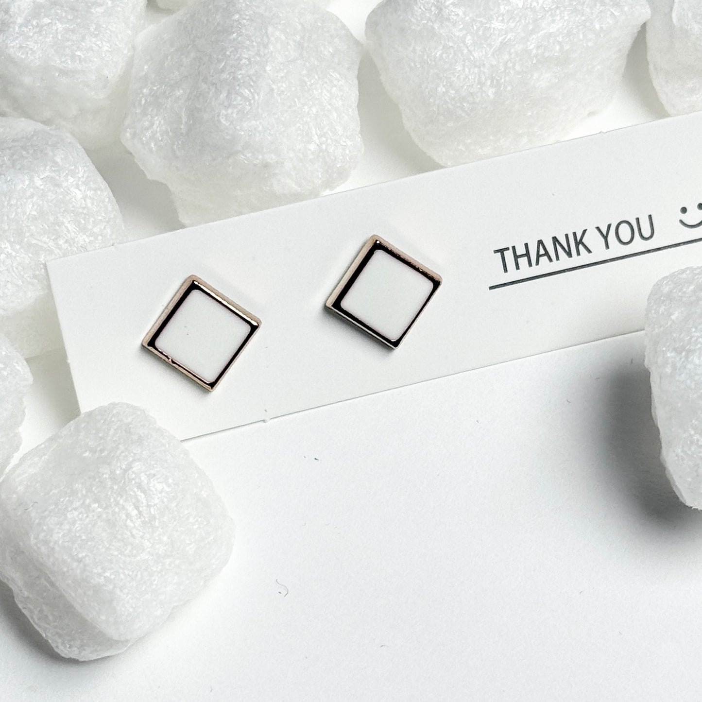 White Enamel Square Rose Gold Frame Stud Earrings E