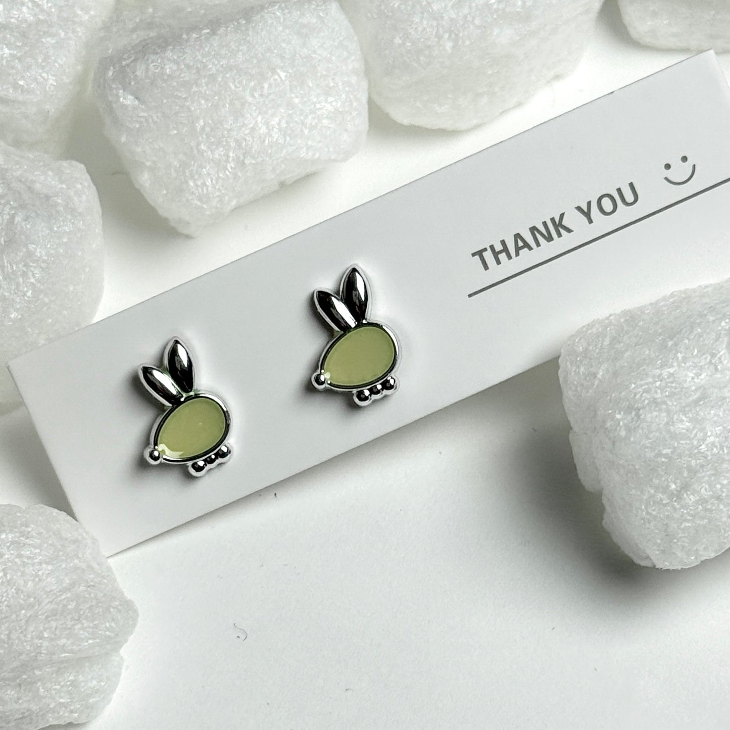 Green Enamel Bunny Face Silver Stud Earrings E