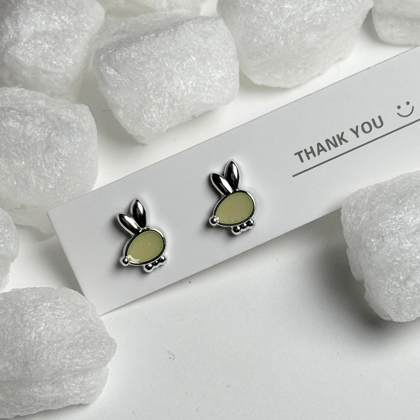 Green Enamel Bunny Face Silver Stud Earrings E
