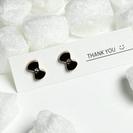 Black Enamel Bow Tie Crystal Center Gold Frame Stud Earrings E