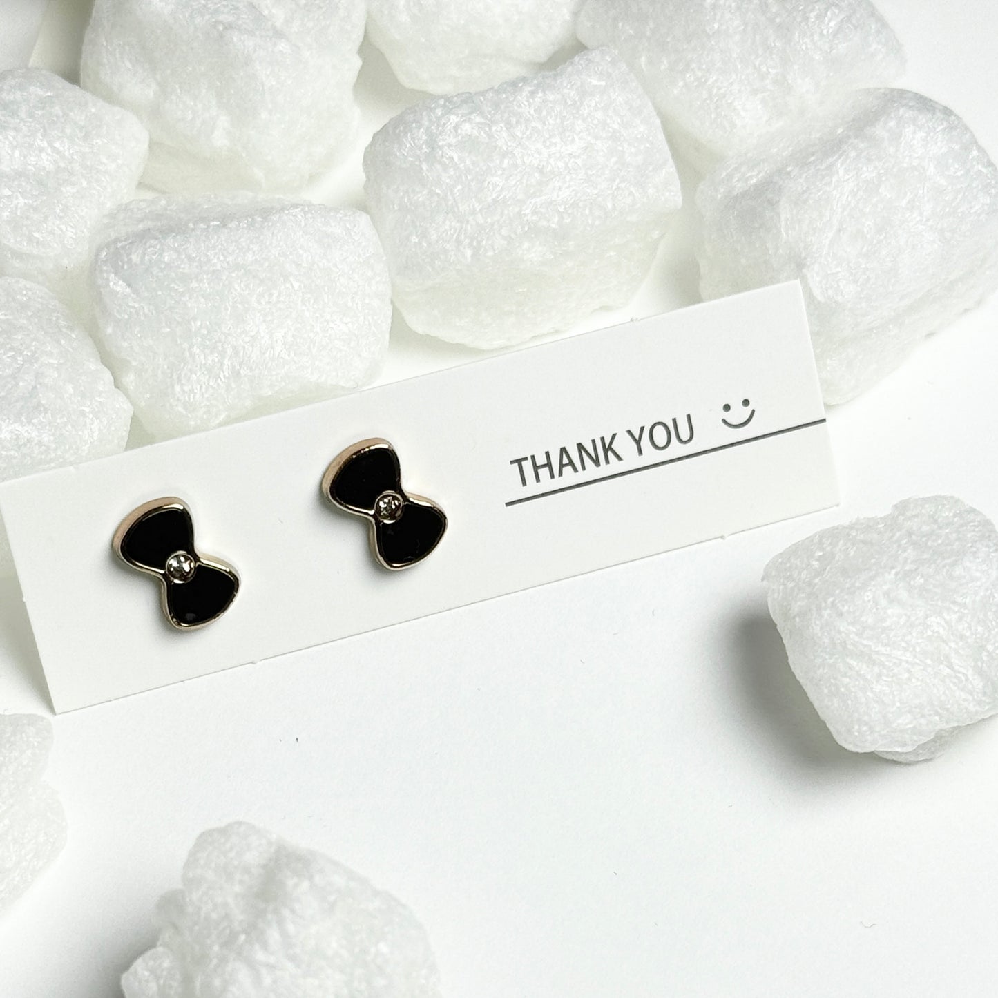 Black Enamel Bow Tie Crystal Center Gold Frame Stud Earrings E