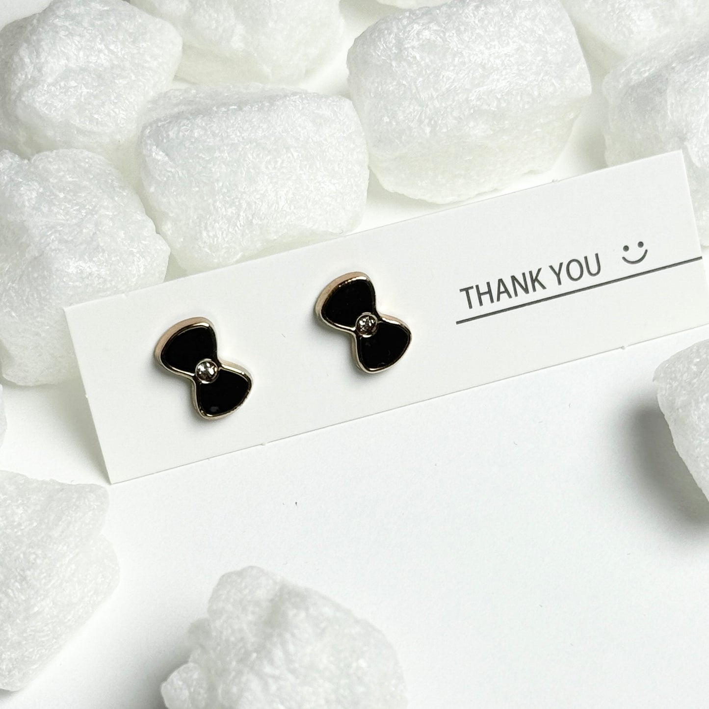 Black Enamel Bow Tie Crystal Center Gold Frame Stud Earrings E