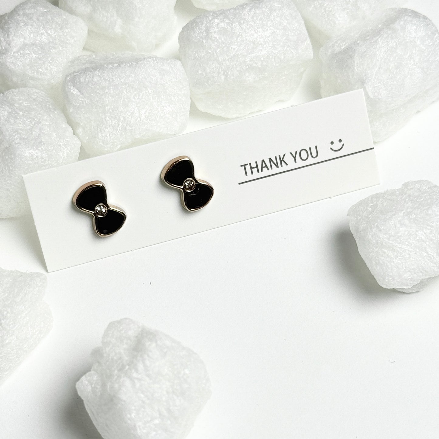 Black Enamel Bow Tie Crystal Center Gold Frame Stud Earrings E