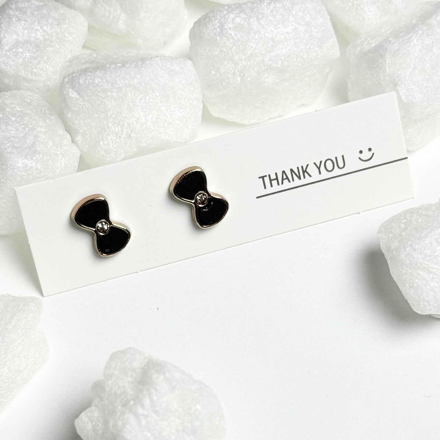 Black Enamel Bow Tie Crystal Center Gold Frame Stud Earrings E