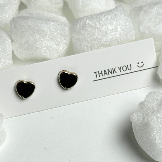 Black Enamel Heart Gold Frame Stud Earrings E