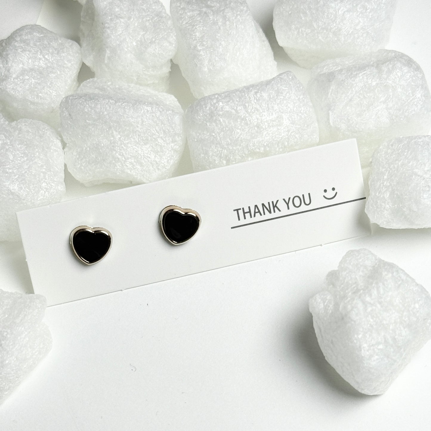 Black Enamel Heart Gold Frame Stud Earrings E