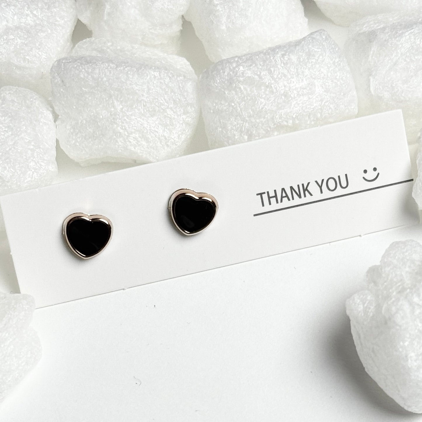 Black Enamel Heart Gold Frame Stud Earrings E