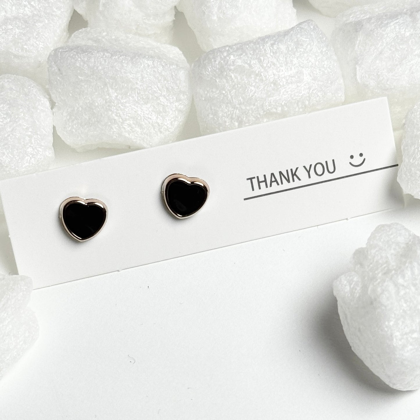 Black Enamel Heart Gold Frame Stud Earrings E