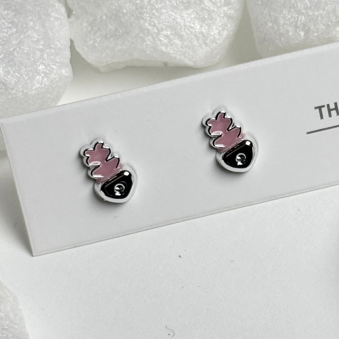 Pink Enamel Pineapple Black Base Silver Frame Stud Earrings E