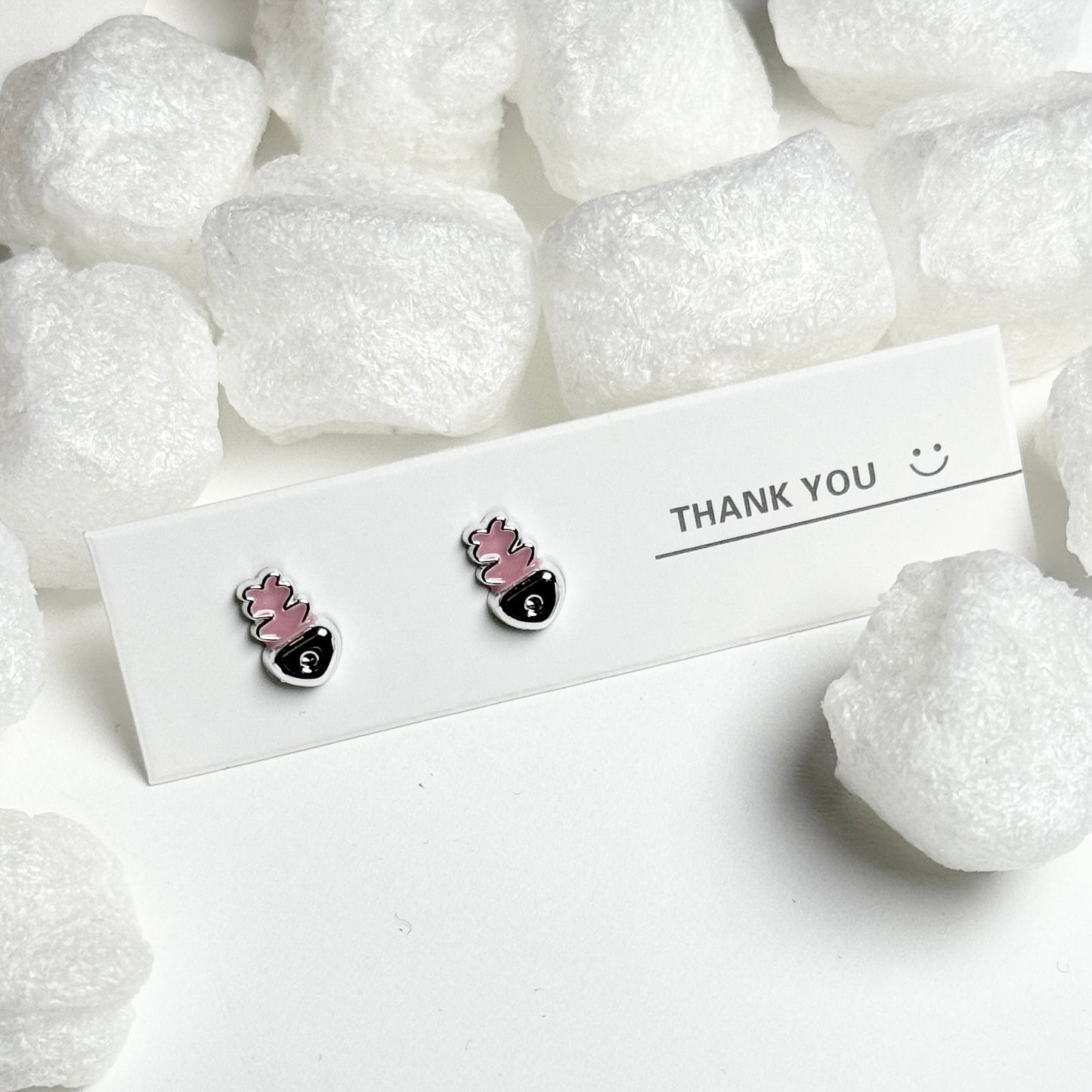 Pink Enamel Pineapple Black Base Silver Frame Stud Earrings E