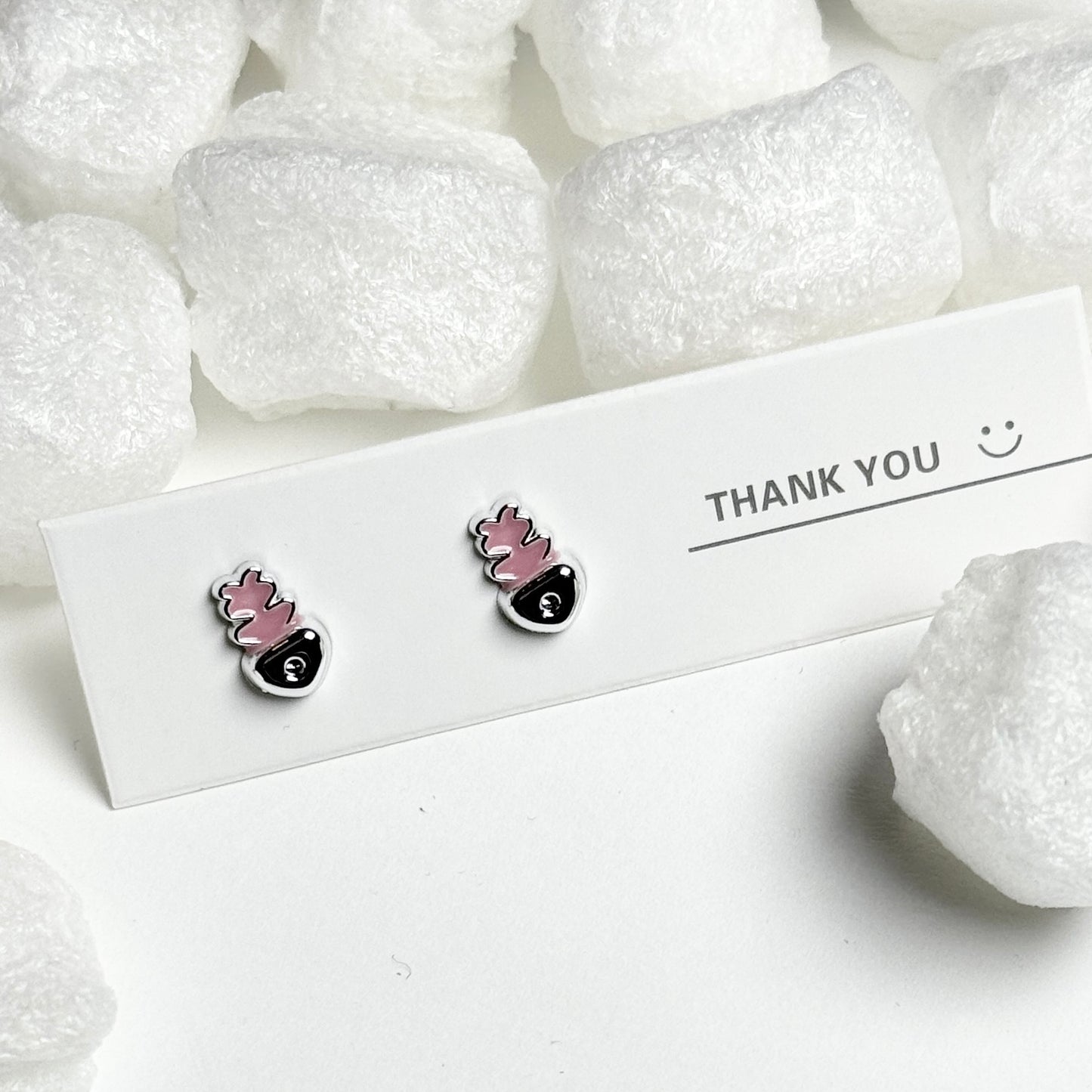 Pink Enamel Pineapple Black Base Silver Frame Stud Earrings E