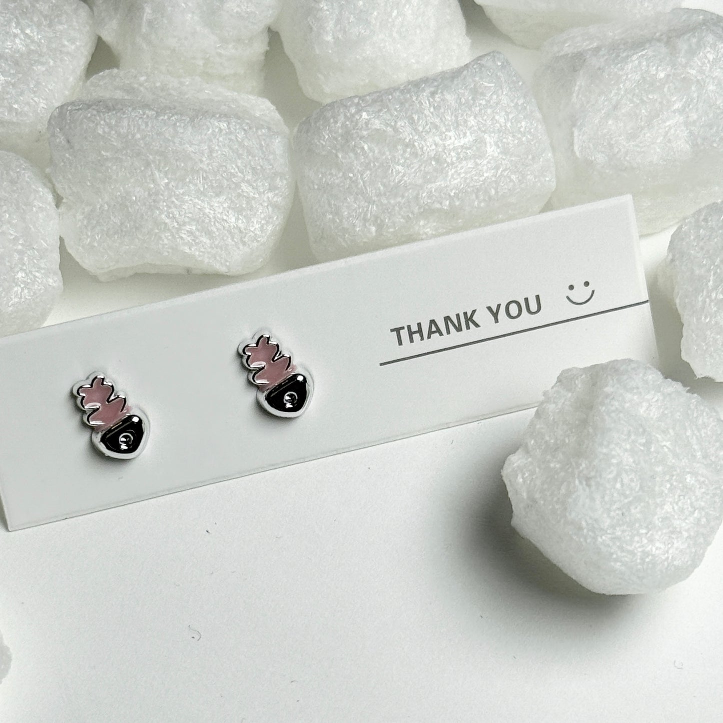 Pink Enamel Pineapple Black Base Silver Frame Stud Earrings E