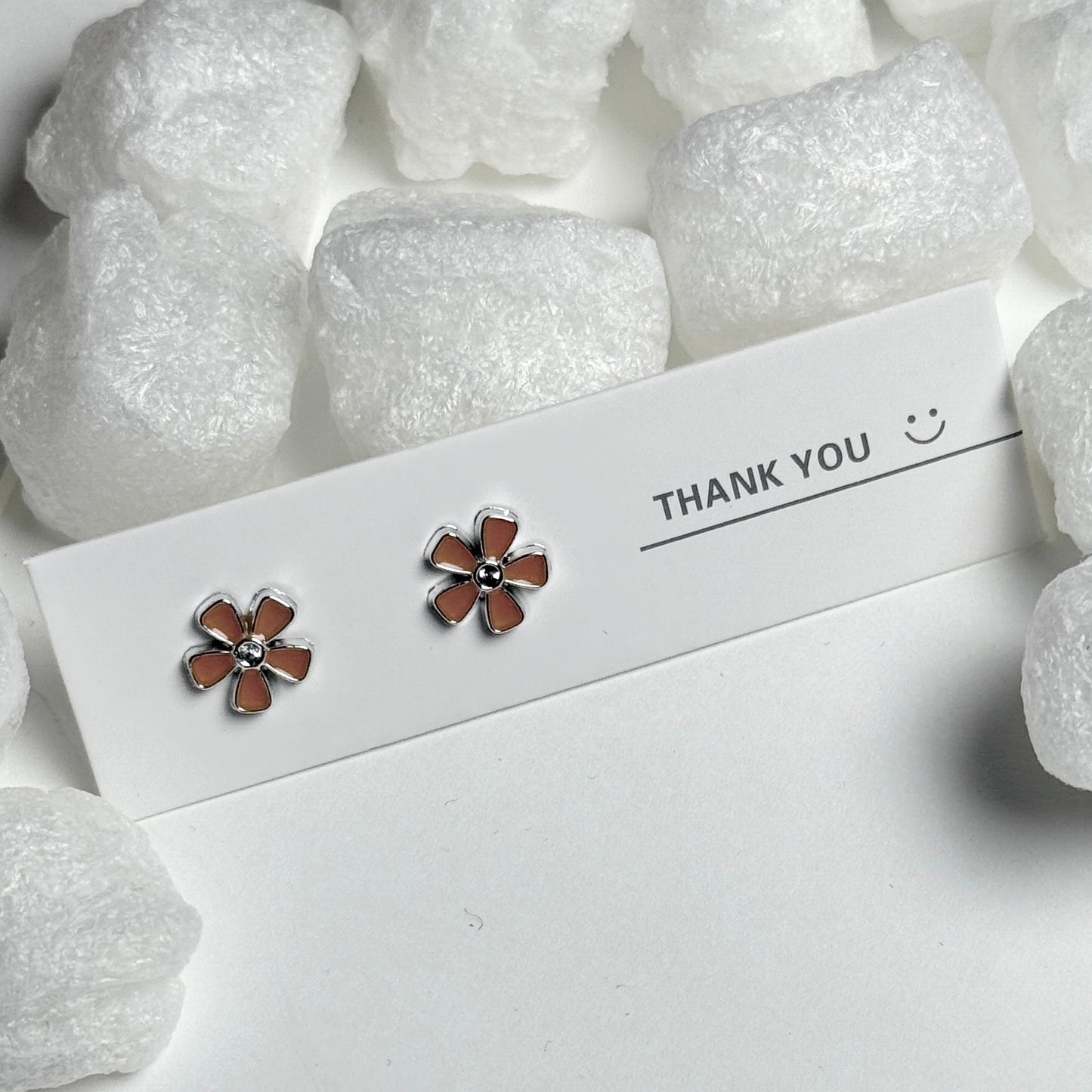 Brown Enamel Daisy Flower Silver Frame Stud Earrings E