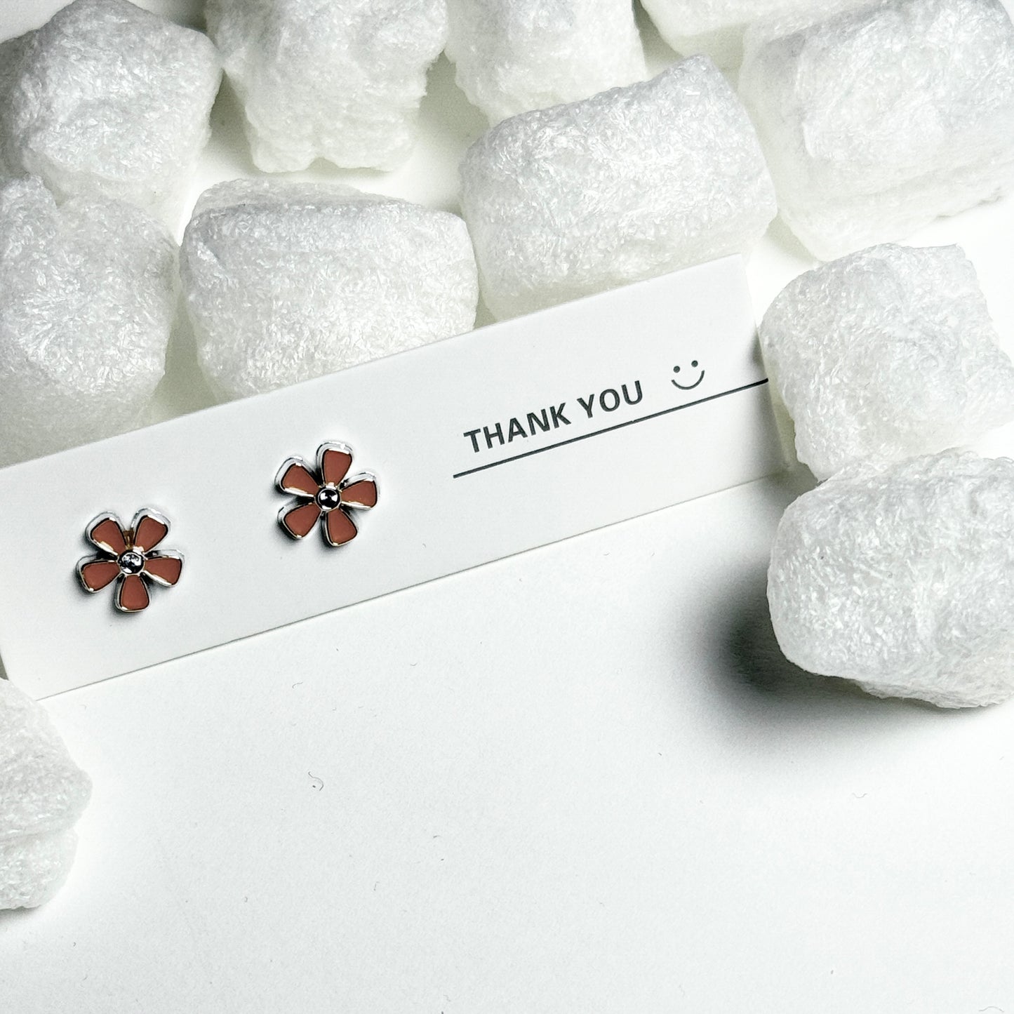 Brown Enamel Daisy Flower Silver Frame Stud Earrings E