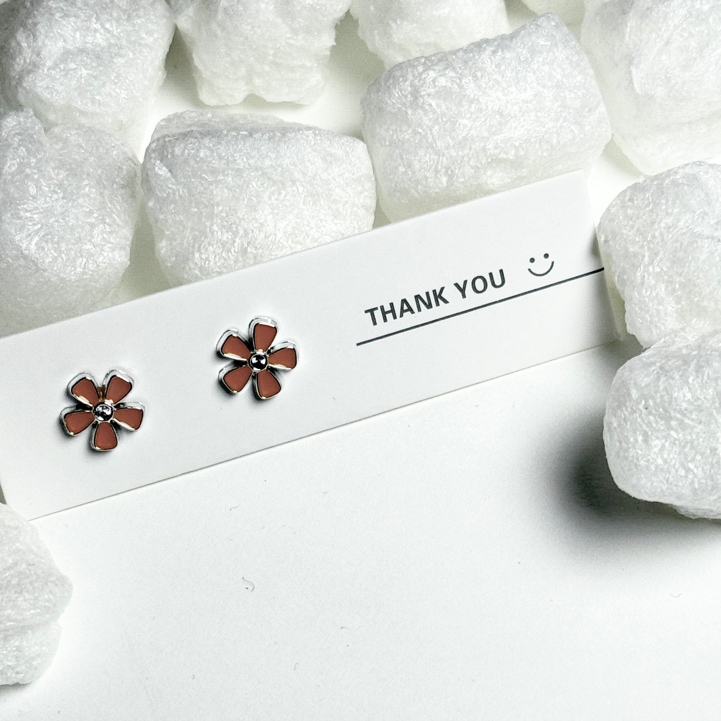 Brown Enamel Daisy Flower Silver Frame Stud Earrings E