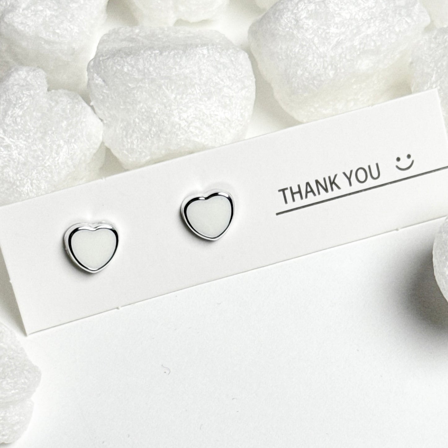 White Enamel Heart Silver Frame Stud Earrings E