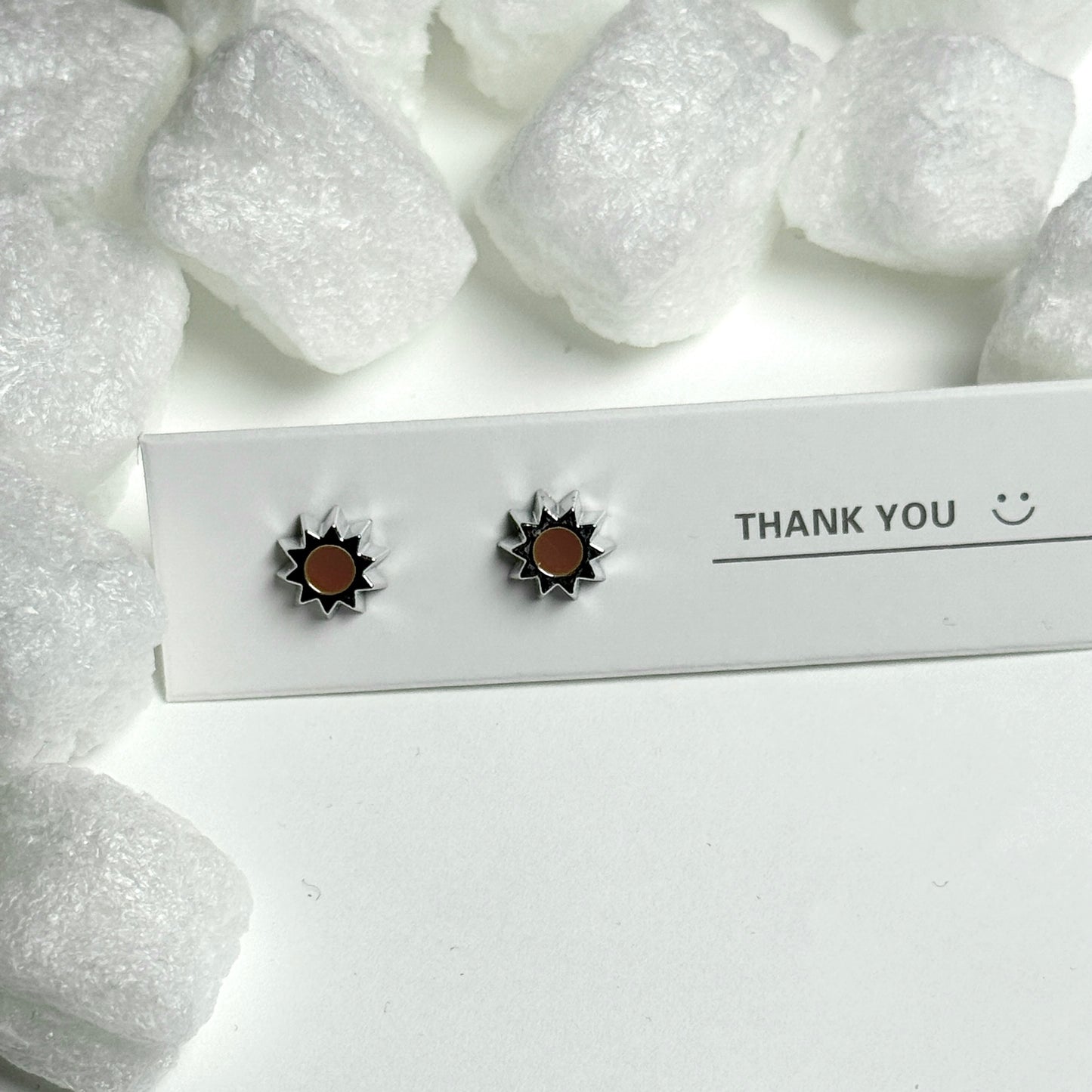 Brown Enamel Sun Silver Frame Stud Earrings D