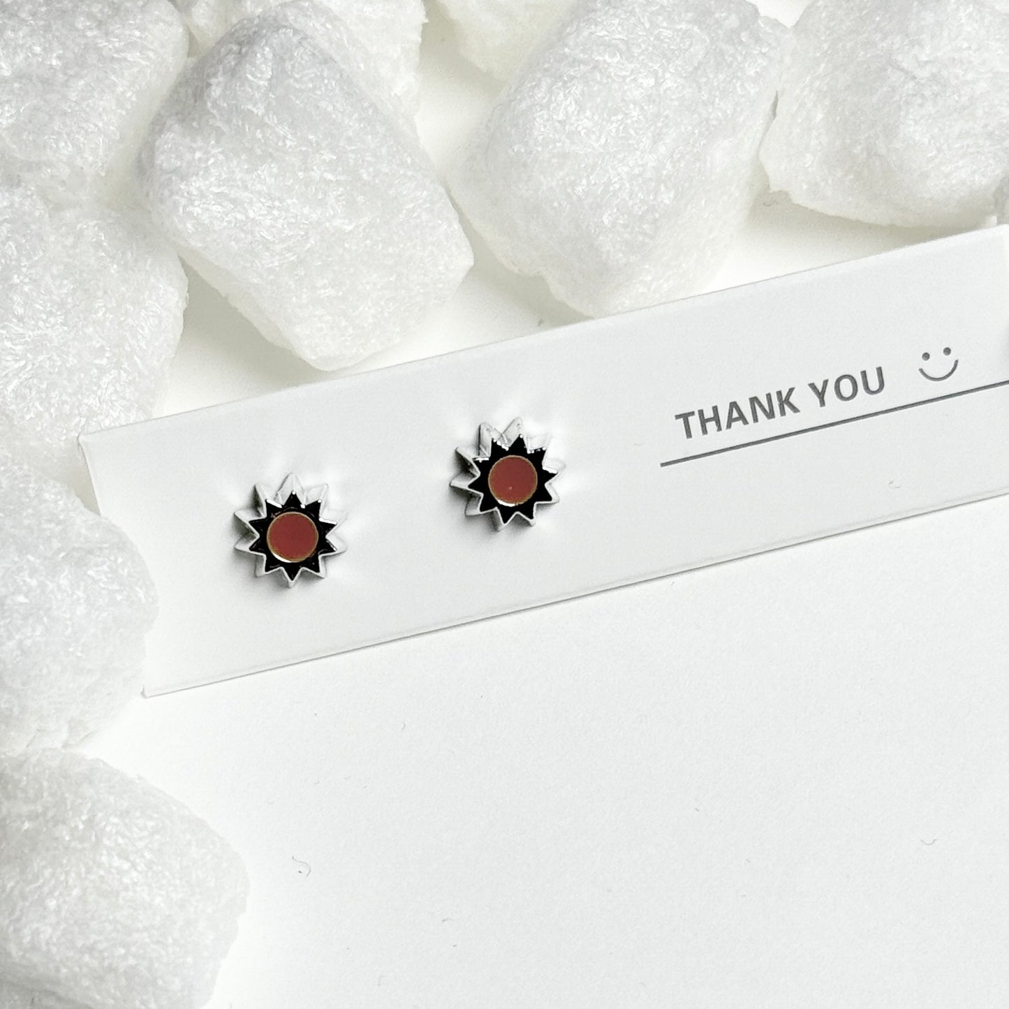 Brown Enamel Sun Silver Frame Stud Earrings D