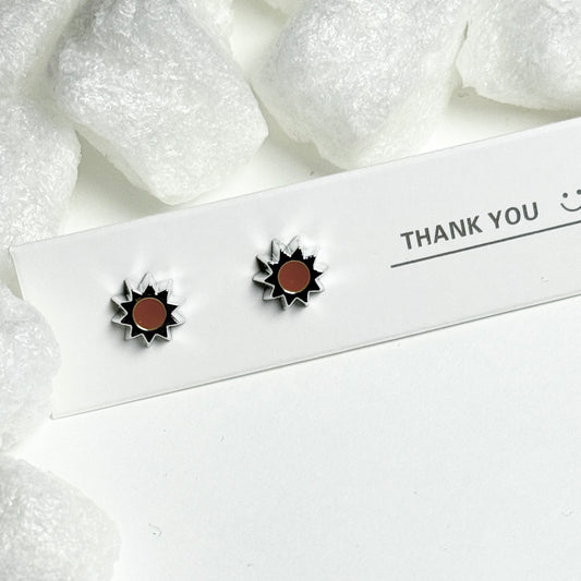 Brown Enamel Sun Silver Frame Stud Earrings D