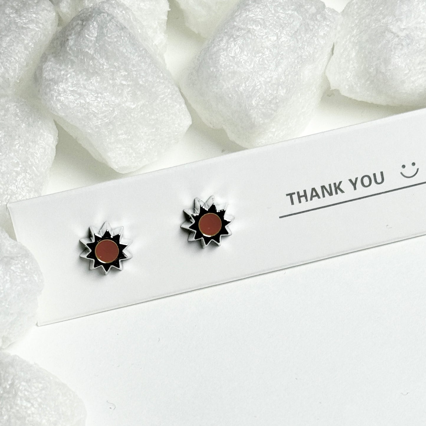 Brown Enamel Sun Silver Frame Stud Earrings D