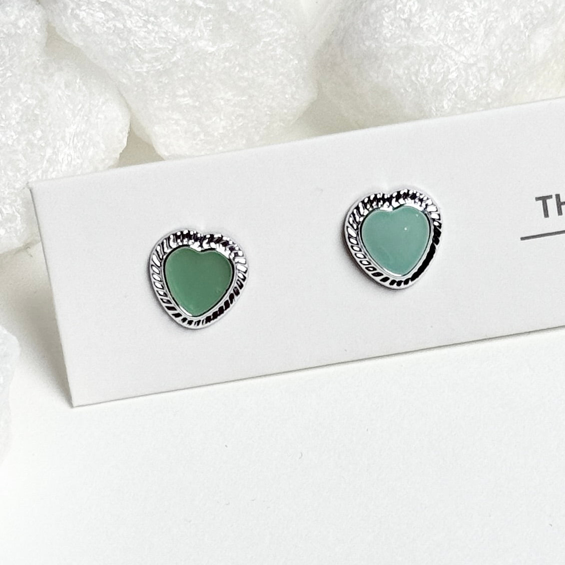 Green Enamel Heart Rope Border Silver Stud Earrings D