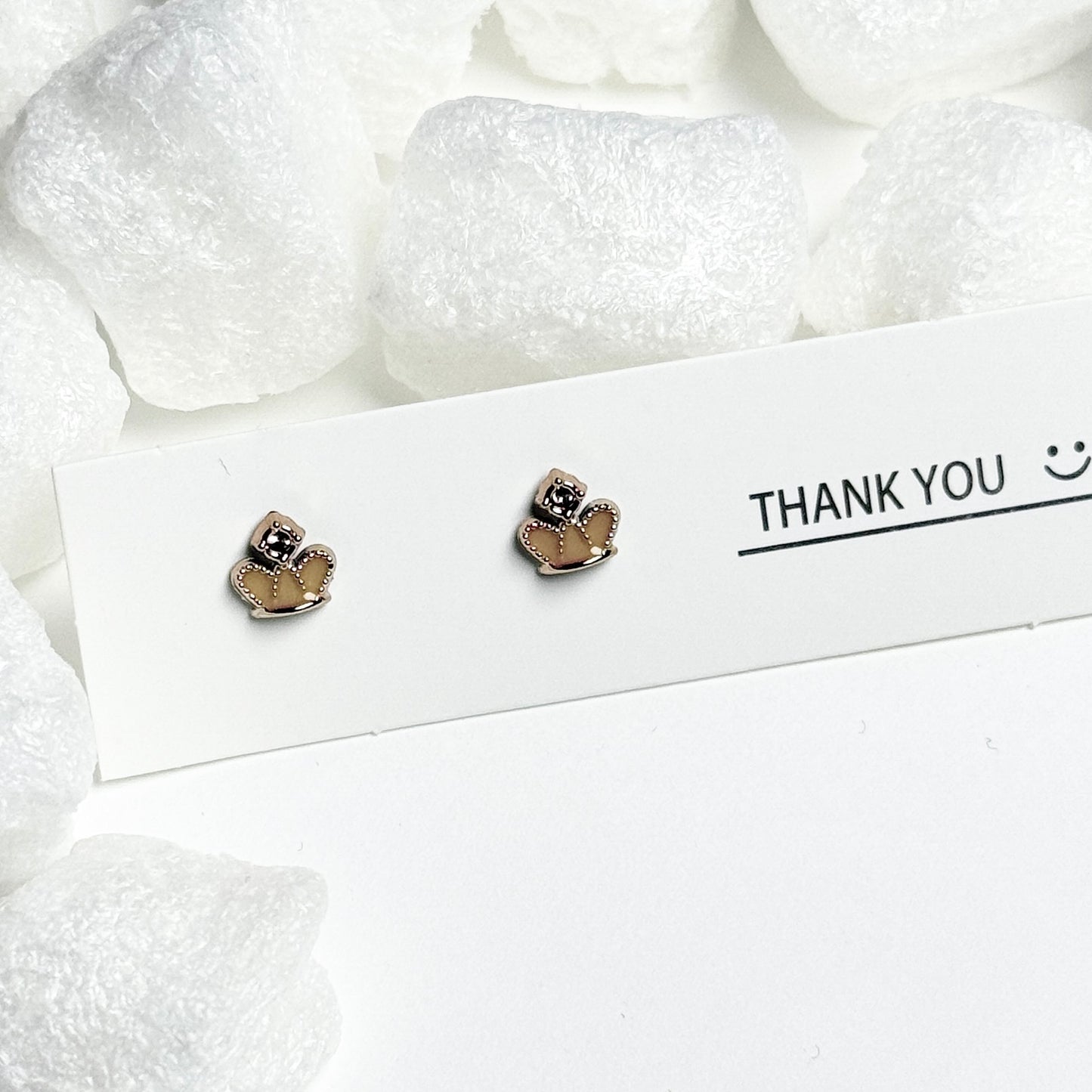 Gold Enamel Crown Black Jewel Silver Frame Stud Earrings D