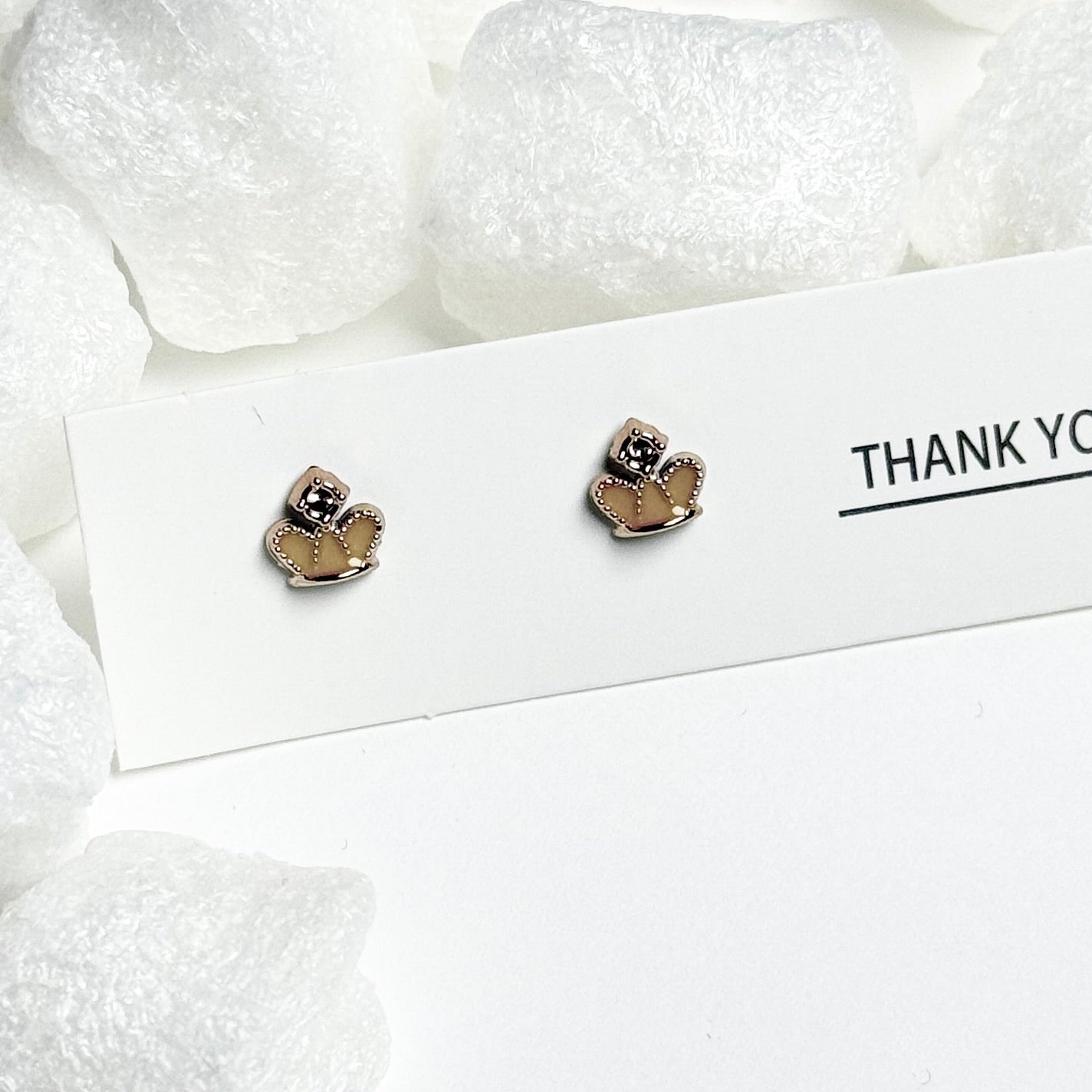 Gold Enamel Crown Black Jewel Silver Frame Stud Earrings D