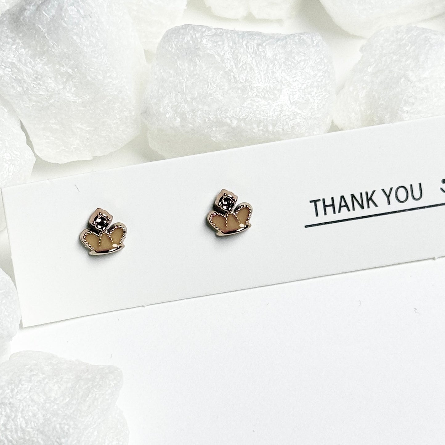 Gold Enamel Crown Black Jewel Silver Frame Stud Earrings D