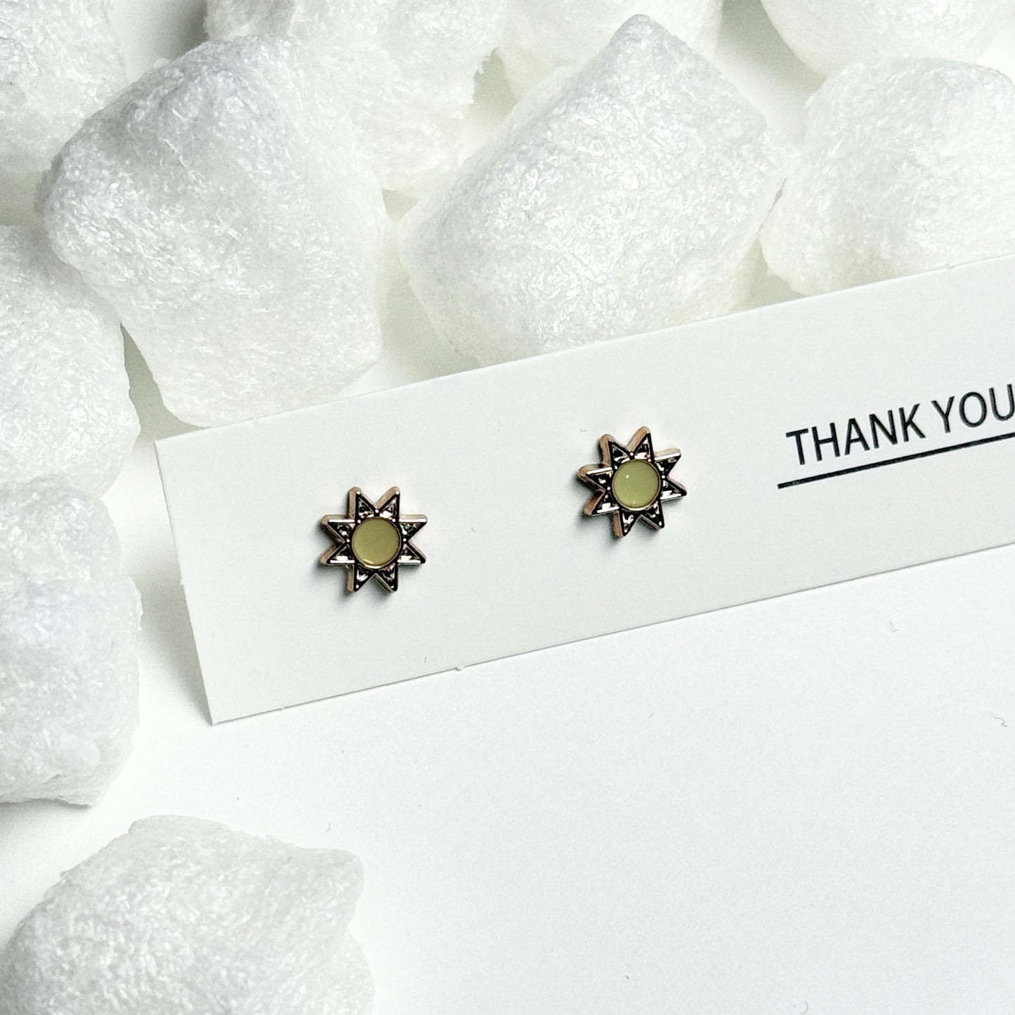 Yellow Enamel Star Center Silver Sunray Frame Stud Earrings G