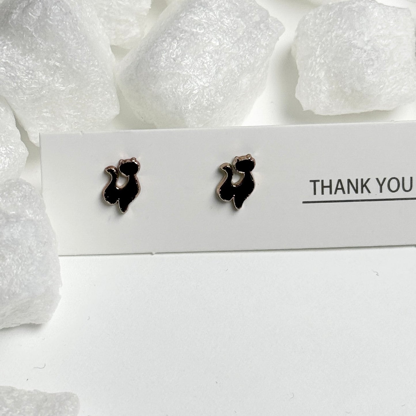 Black Enamel Cat Silhouette Gold Frame Stud Earrings D