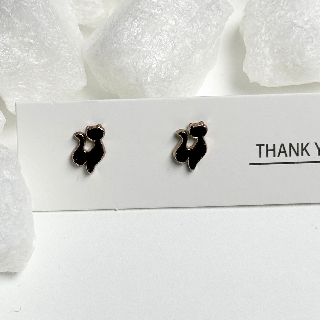 Black Enamel Cat Silhouette Gold Frame Stud Earrings D