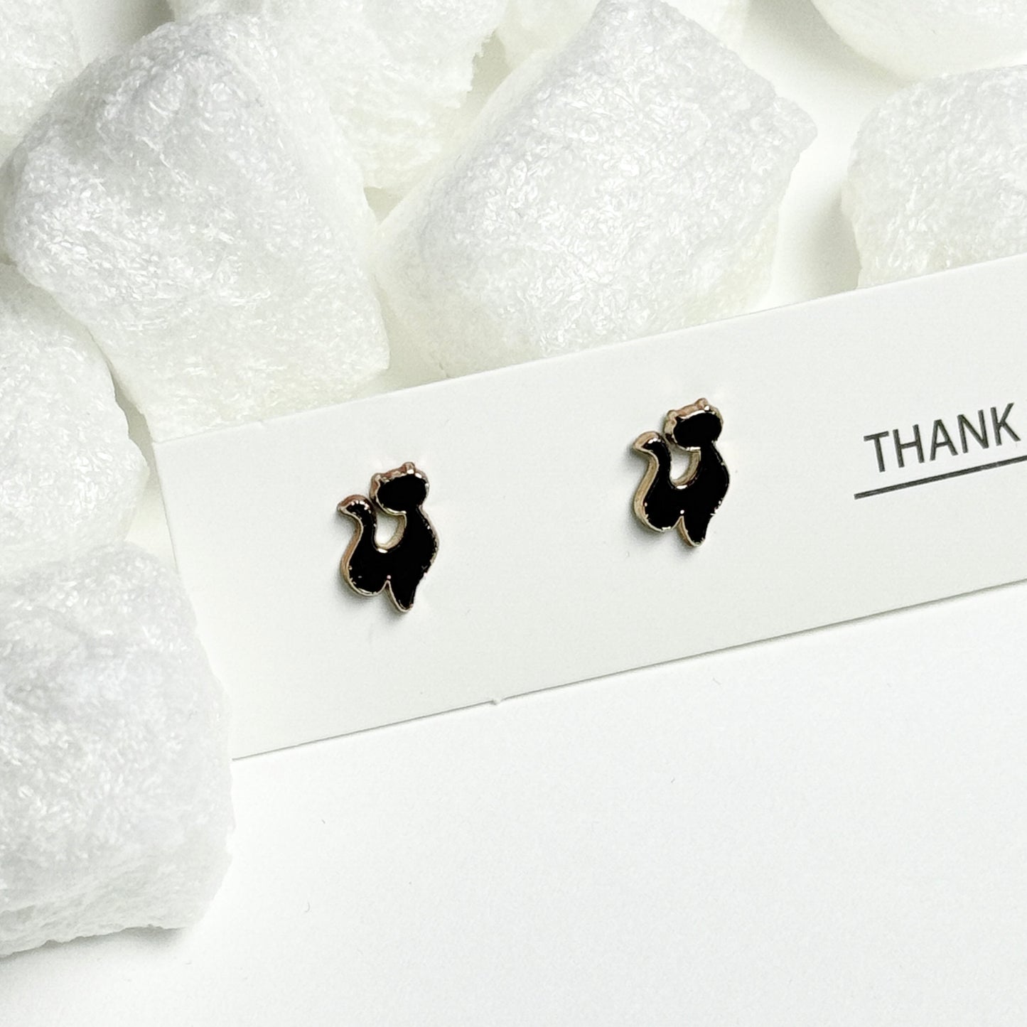 Black Enamel Cat Silhouette Gold Frame Stud Earrings D